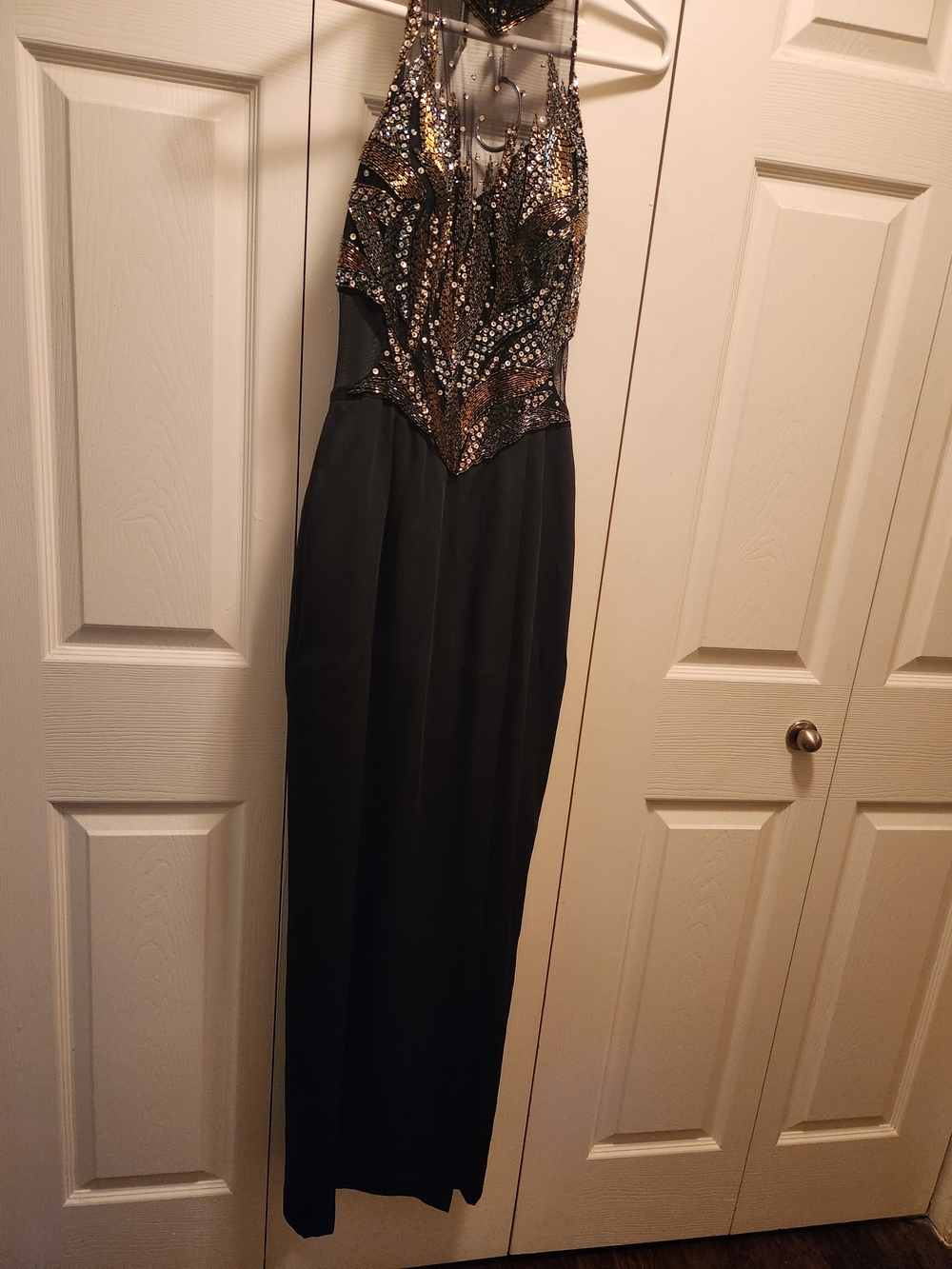 Black Evening Gown with Gold Sequin Beaded Bodice